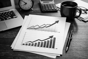 photographic Black and white image of a Desktop with a paper with som grafphs going up