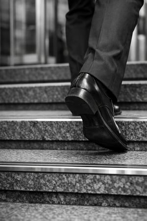 photographic persone walking up an stair to a company Buinsness shoes you can only see the feed and the stairs Black and white
